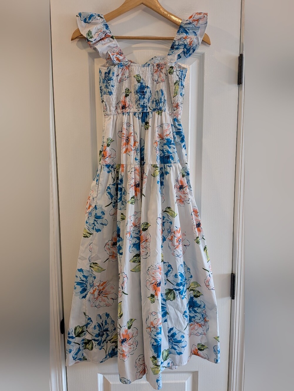 Abercrombie & Fitch Ruffle Strap Smocked Midi Dress Floral Poplin White Size XS - Picture 8 of 15